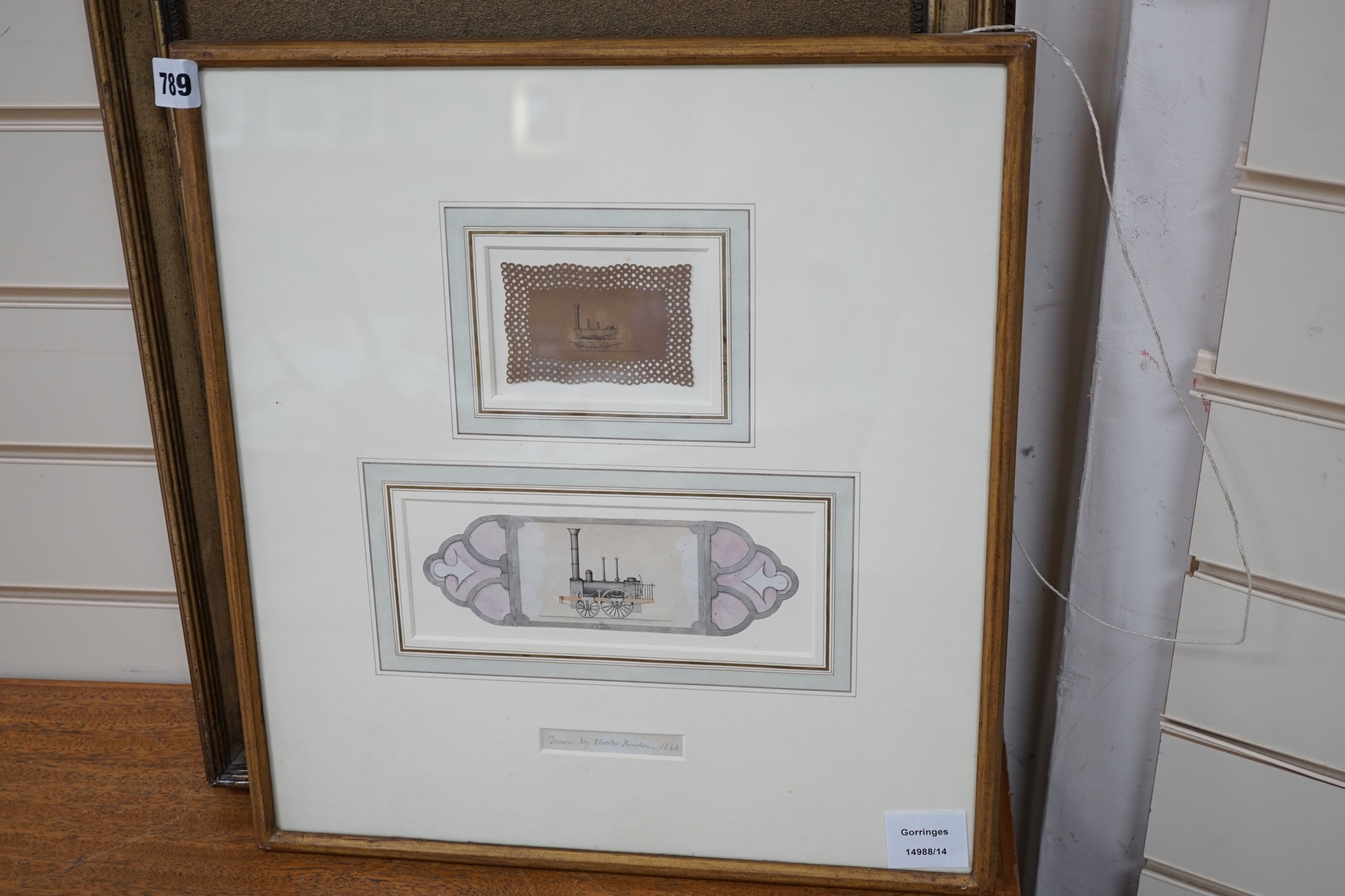Charles Kinder, two miniature watercolour and ink studies of locomotives, framed as one, inscribed in pencil drawn by Charles Kinder, 1840, largest 7 x 9.5cm. Condition - fair